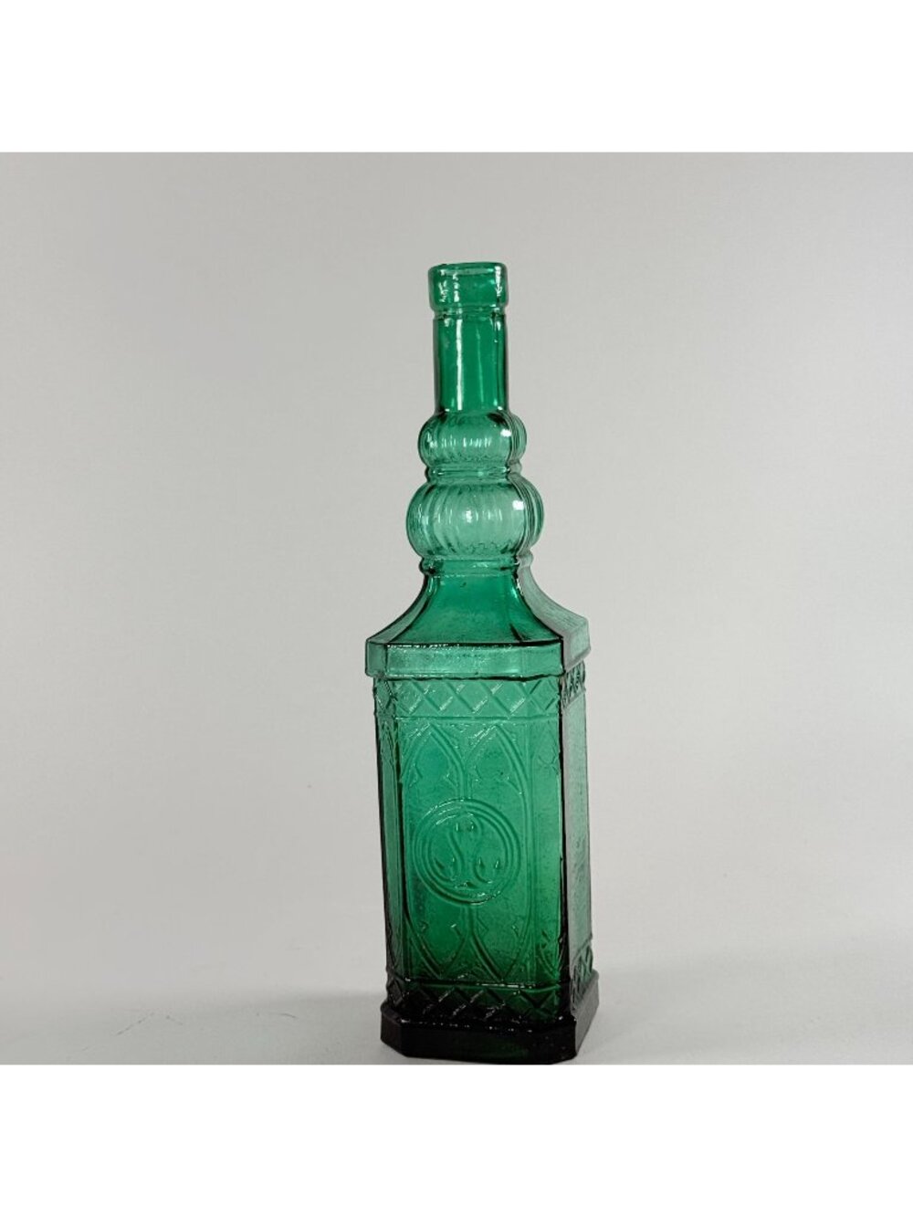 Vintage Green Glass Bottle 12" Hexagonal Embossed Decorative Collectible Decor